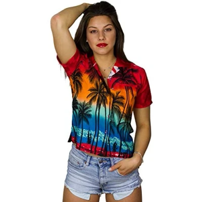 Image of King Kameha Funky Hawaiian Blouse Shirt, Shortsleeve, Print Beach, Red, XXL