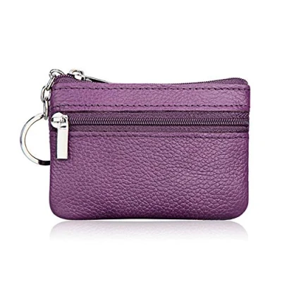 Image of Hibate Mini Coin Purse Holder Wallet Leather Purses for Women Men Kids Zipper Pouch with Key Ring Purple