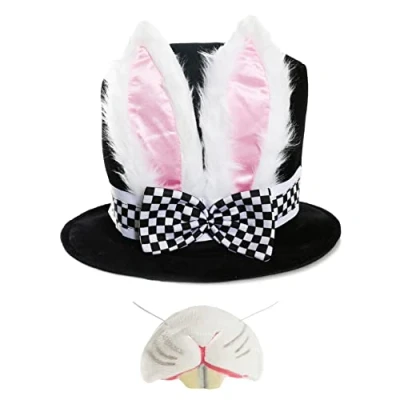 Image of Adults Deluxe Wonderland Rabbit Hat With Large Ears and Attached Bow + Nose Perfect for School Book Week World Day Fancy Dress Costume Accessory