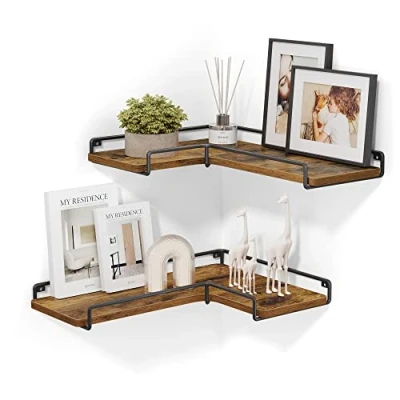 Image of VASAGLE Floating Shelves, Set of 2, L Shaped Corner Shelves for Wall, Wall Shelf, Industrial Style, Living Room, Bedroom, Kitchen, Rustic Brown and Black LLS831B01