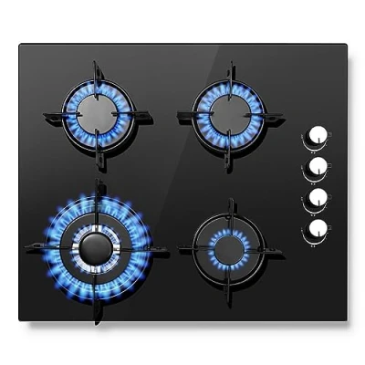 Image of SNDOAS Gas Hob 4 Burners, NG/LPG Convertible, Built in Black Glass with Wok Burner, Flame Failure Protection, 8000W