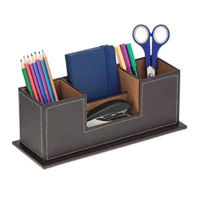 Image of Desk Organiser, 4 Compartments, Imitation Leather, HxWxD: 11 x 29.5 cm, Office &amp; Home, Brown Relaxdays