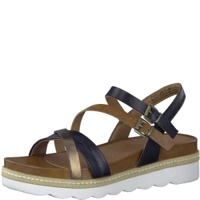 Image of Marco Tozzi Women&#039;s 2 28415 20 Leather Wedge Sandal, Navy Comb, 6 UK
