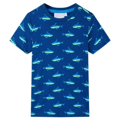 Image of vidaXL Kids Short Sleeves T Shirt 100% Cotton with Shark Print, Round Neckline in Dark Blue, Size 140 for 9 10 Years Old