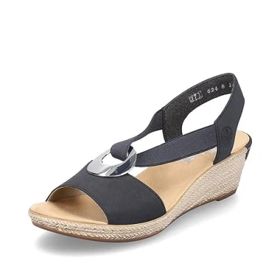 Image of Rieker 624H6 Namur navy wedge heel cushioned insole sling back sandals (Blue, numeric_6_point_5)