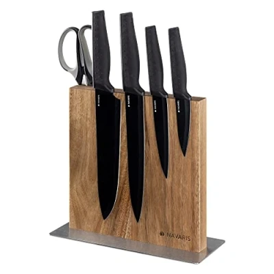 Image of Navaris Double Sided Wooden Magnetic Knife Holder Universal Wood Block for Knives, Scissors, Kitchen Cutlery Acacia, 22.5 x 22 cm