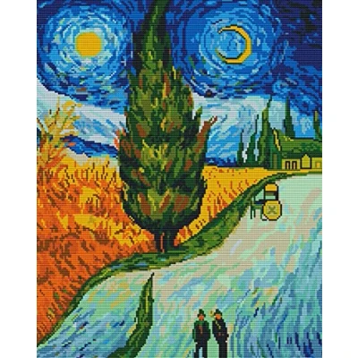 Image of Awesocrafts Cross Stitch Stamped Kits Vincent Van Gogh&#039;s Path of Cypresses Easy Patterns Stitching Embroidery Needlework Kit Supplies