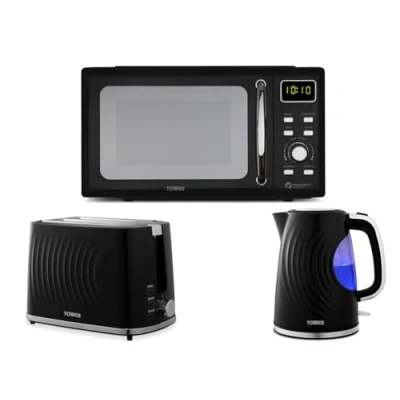 Image of Tower Sonar Black 1.7L 3KW Kettle, 2 Slice Toaster &amp; T240241BLK 800W 20L Digital Microwave. Contemporary Matching Microwave Set in