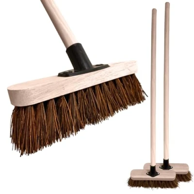 Image of 10 Garden Broom Outdoor with Wooden Handle Natural Stiff Bassine Hard Bristle Durable Support Bracket Yard Brush Heavy Duty Sweeping (Pack of 2)