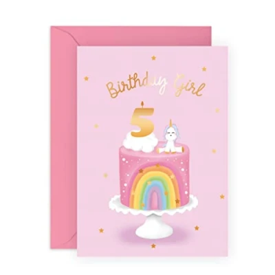 Image of Central 23 Fifth Birthday Card for Girls Happy 5th Age 5 Five Year Old Rainbow Cloud and Unicorn Kids Daughter Granddaughter Comes With Fun Stickers