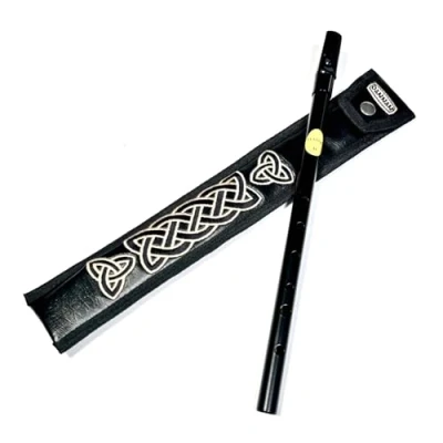 Image of Black Tin Whistle in key of D by Feadog with Handmade Irish Case/Sleeve Dannan Vegan Leather Celtic Embroidery