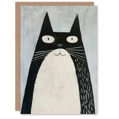 Image of Artery8 Greeting Card Cute Black White Tuxedo Cat Lover Pet Painting Blank For Him Or Her Art Birthday