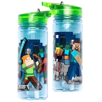 Image of Minecraft Water Bottle with straw 580 ml 100% Leakproof Durable School Strong Plastic and BPA free Dark Blue