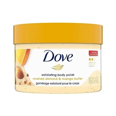 Image of Dove Exfoliating Body Polish Scrub For Dry Skin With Crushed Almond &amp; Mango Butter, Gently Exfoliates Moisturizes To Reveal Instantly Soft, Smooth Healthy Skin, Fruity Scent, 298g