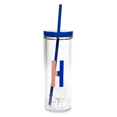 Image of Kate Spade New York Insulated Initial Tumbler with Reusable Straw, 20 Ounce Acrylic Travel Cup Lid, H (Blue)