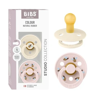 Image of BIBS Colour Studio Soother 2 Pack, BPA Free Dummy Pacifier, Round Nipple. Natural Rubber Latex, Made in Denmark, Size 1 (0 6 Months), Ivory/Petal