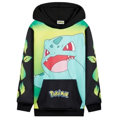 Image of Pokemon Boys Hoodie with Cuffed Sleeves, Kangaroo Pocket Anime Gifts (Black/Yellow Bulbasaur, 9 10 Years)