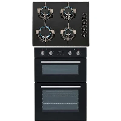 Image of SIA 60cm Built In Double Electric Fan Oven &amp; 4 Burner Black Gas On Glass Hob