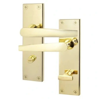 Image of EAI Polished Brass Bathroom Door Handles 1 Pair of on Backplate Straight Pattern