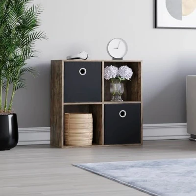 Image of Vida Designs Durham Cube Bookcase Storage Organiser Living Room Bookshelf Home Office Furniture (4 &amp; 2 Black Baskets, Dark Wood)