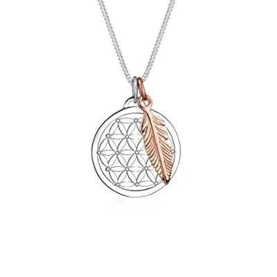 Image of Elli Women Gold Plated 925 Sterling Silver Feather Flower of Life Necklace Length 45cm