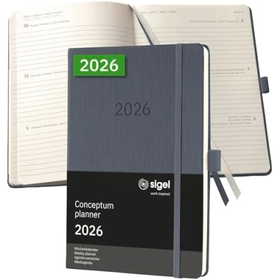 Image of SIGEL C2666 Weekly Planner 2026, Approx. A5, Dark Grey, Hard Cover, 192 Pages, Elastic Band, Pen Loop, Archive Pocket, Made from Sustainable Paper, Conceptum