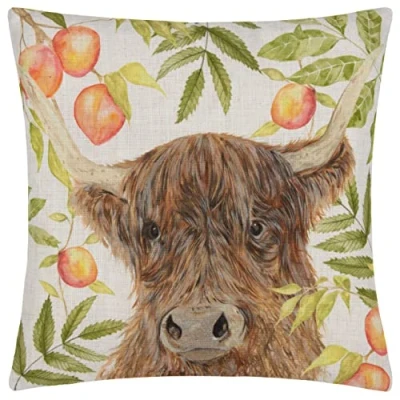 Image of Evans Lichfield Grove Highland Cow Watercolour Feather Filled Cushion Natural One Size