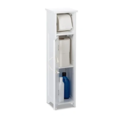 Image of Relaxdays Bathroom Cabinet, Toilet Roll Holder, Free standing, Wooden, Storage, Cupboard, HxWxD: 71x18x20cm, MDF, White, Fibreboard, Cotton, 71 x 18 20 cm