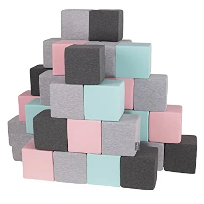 Image of KiddyMoon Soft Foam Cubes Building Blocks 14Cm For Children Multifunctional Construction Montessori Toy Babies, Made In The EU, 48 Pieces, Cubes:Light Grey Dark Pink Mint