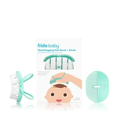 Image of Frida Baby Head Hugging Hairbrush and Comb Set: Flexi Brush Countors to Head, Soft Bristled Brush, for Newborns Up, Hair + Storage Case