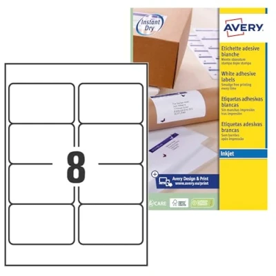 Image of Avery Printable, Customisable Parcel Shipping Labels, Inkjet Printers, 8 Labels Per A4 Sheet, 200 Quickdry (J8165), Multi