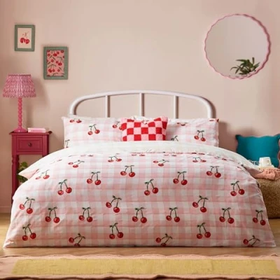 Image of Heya Home Cherry Gingham Printed Duvet Set Super King Pink