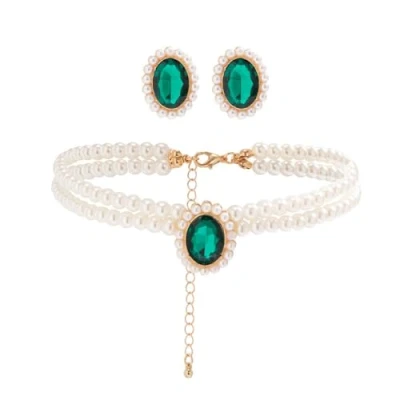 Image of Prosy Layered Pearl Choker Necklace Earrings Set Green Crystal Adjustable Collar Necklaces for Women and Girls