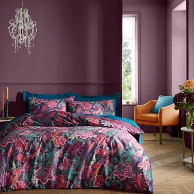Image of Catherine Lansfield Bridgerton Kate Floral Soft Velvet King Duvet Cover Set with Pillowcases Plum
