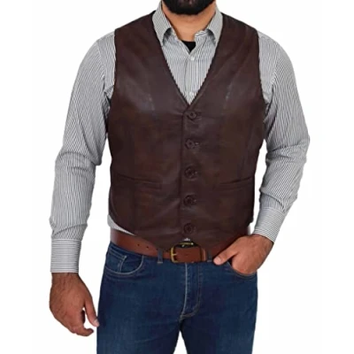 Image of Mens Real Leather Waistcoat Classic Style Vest Nick (S, Brown)