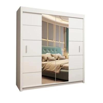 Image of Oslo Modern Mirror sliding door wardrobe with LED Light Width 150cm/180cm/203cm (White, 150cm)