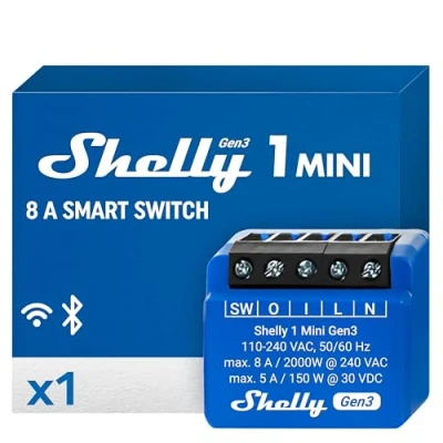 Image of Shelly 1 Mini Gen3, WiFi &amp; Bluetooth Smart Switch Relay, Channel, 8A, Home Automation, Dry Contacts, Lights Remote Control, Compact Size, Alexa and Google Home, iOS Android App, No Hub Required