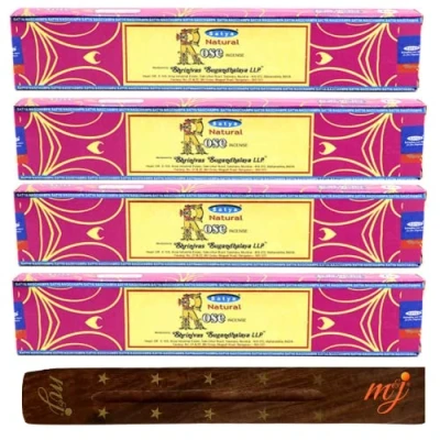 Image of Original Satya Nag Champa Natural Rose incense sticks with M&amp;J holder x4 pack for Aromatherapy, Spa, Yoga, Weddings, Meditation, Healing, Positivity and Relaxation
