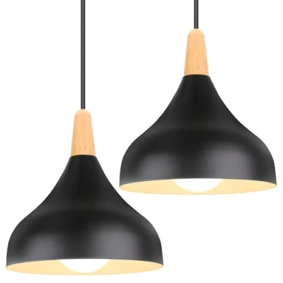 Image of iDEGU Set of 2 Retro Pendant Ceiling Lights Modern Drop Style Hat Lampshade E27 Light Fixture in Metal Wood Lamp for Bedroom, Dining Room, Kitchen, Φ 20 cm (Black)