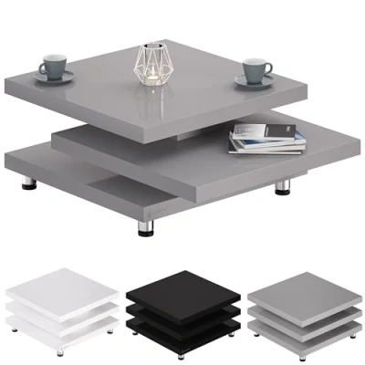 Image of CASARIA® New York Coffee Table 72x72cm High Gloss Grey Modern 360&quot; Rotating Top Design Cube Living Room Sofa Adjustable Levelling Feet MDF