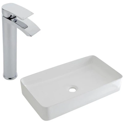 Image of Milano Rivington White Countertop Bathroom Basin Sink High Rise Waterfall Mixer Tap 600mm x 340mm