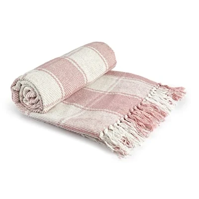 Image of Emma Barclay Frisco Recycled Cotton Traditional Check Chair Sofa Setee Throw Over Blanket in Blush Pink 50x60 (127x152cm)
