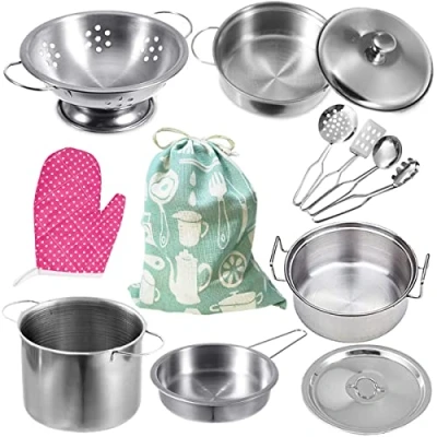 Image of Tiny 12PCS Kids Kitchen Accessories Set Pretend Play Food Cooking Utensils Cookware Toys.Mini Stainless Steel Pots and Pans Packed in Cotton Bag for Toddlers (Small Size)