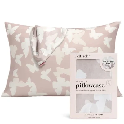 Image of Kitsch 100% Satin Pillowcase with Zipper, Softer Than Silk for Hair &amp; Skin, Cooling Pillow case, Case Cover (Standard/Queen (1 Pack), Champagne Butterfly)