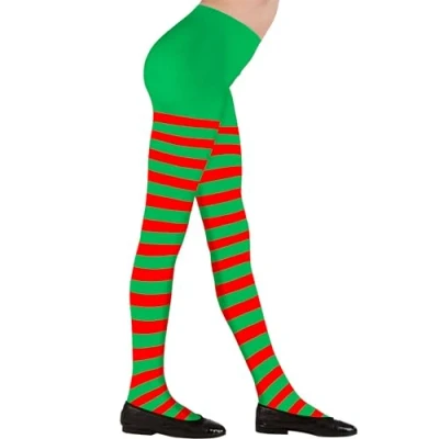Image of Widmann Unisex Kid&#039;s Strumpfhose 70 Den Striped Tights Denier, red/Green, 6 Years