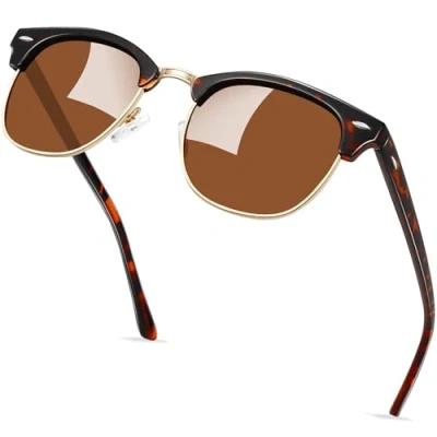 Image of KANASTAL Brown Sunglasses Mens Women Polarised Semi Rimless Tortoiseshell Retro Horn Rimmed Lens UV Protection Leopard Frame