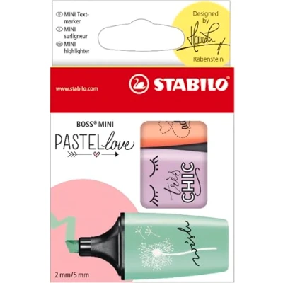Image of Highlighter STABILO BOSS MINI Pastellove Pack of 3 peach, purple, mint green