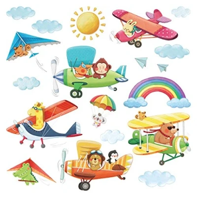 Image of DECOWALL DS 8026 Animal Biplanes (Small) Kids Wall Stickers Decals Peel and Stick Removable for Nursery Bedroom Living Room Art murals Decorations