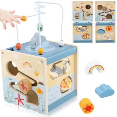 Image of Focenat Wooden Activity Cube, Baby Toys for 1 Year Old, Table, Montessori with Bead Maze Shape Sorter, Toddler Center, Educational Sensory Kids Girls Boys