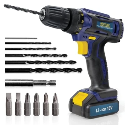 Image of Skotek Cordless Drill Driver 18V Lithium Ion, 13Pc Electric Screwdriver Set, LED Work Light, Quick Change Power Battery and Charger Included